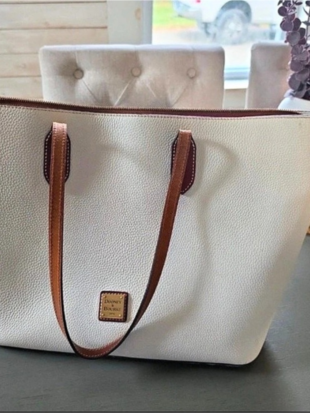 Dooney & Bourke Pebble Grain Large Zip Tote White & Brown